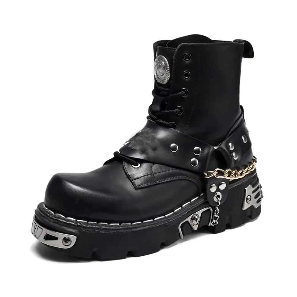 Motorcycle Chain - Men's Fashion Genuine Leather Motorcycle Boots,Punk
